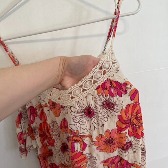 FOREVER 21 Cream Beige Pink Orange Floral Crochet Lace Cold Shoulder Crop Top M - Picture 6 of 11